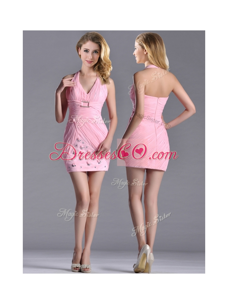 Latest Column Halter Top Prom Dress with Beading and Ruching
