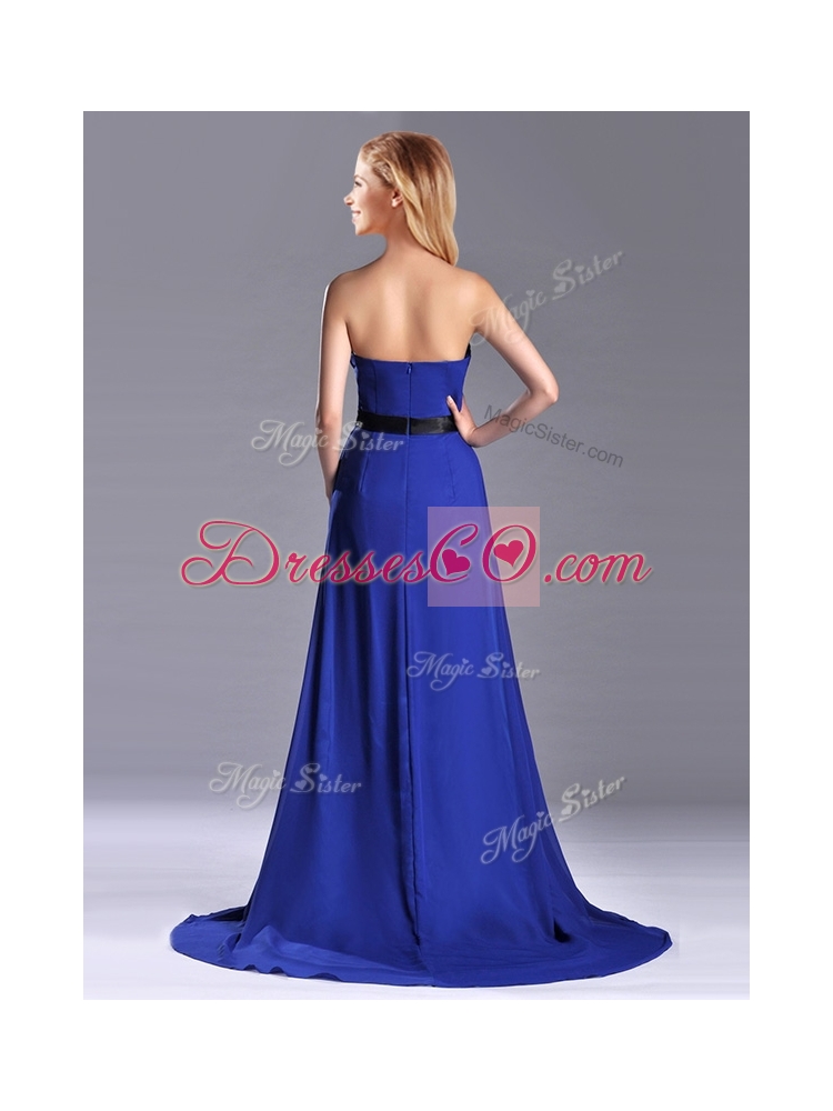 Luxurious Empire Chiffon Royal Blue Prom Dress with Brush Train