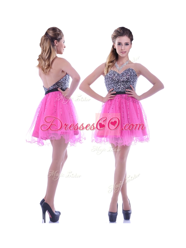 Modern Sequined Decorated Bodice Organza Hot Pink Prom Dress with Backless