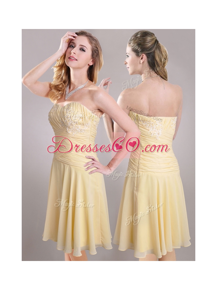 Most Popular  Applique Chiffon Yellow Short Prom Dress with Side Zipper