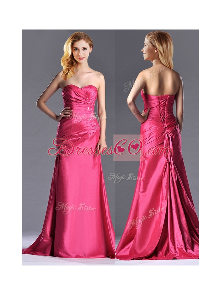 Most Popular Beaded and Ruched Coral Red Column Prom Dress with Brush Train