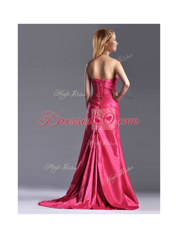 Most Popular Beaded and Ruched Coral Red Column Prom Dress with Brush Train