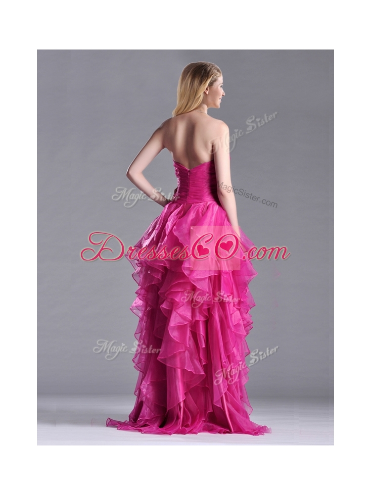 Most Popular Brush Train Fuchsia Prom Dress with Appliques and Ruffles