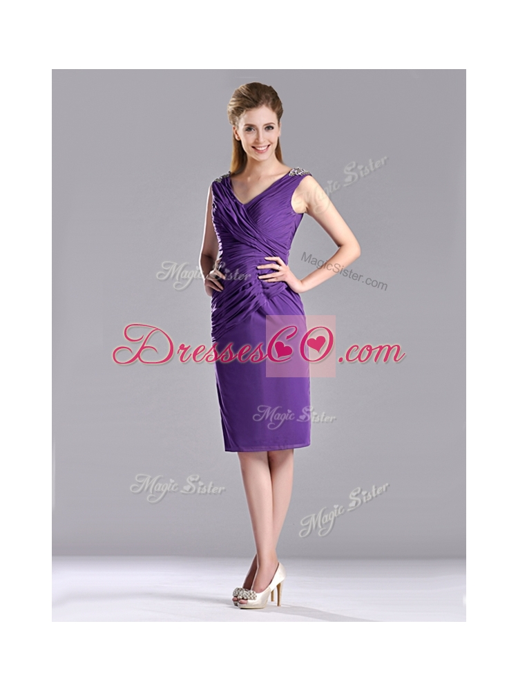 Most Popular Column V Neck Knee-length Short Prom Dress in Purple