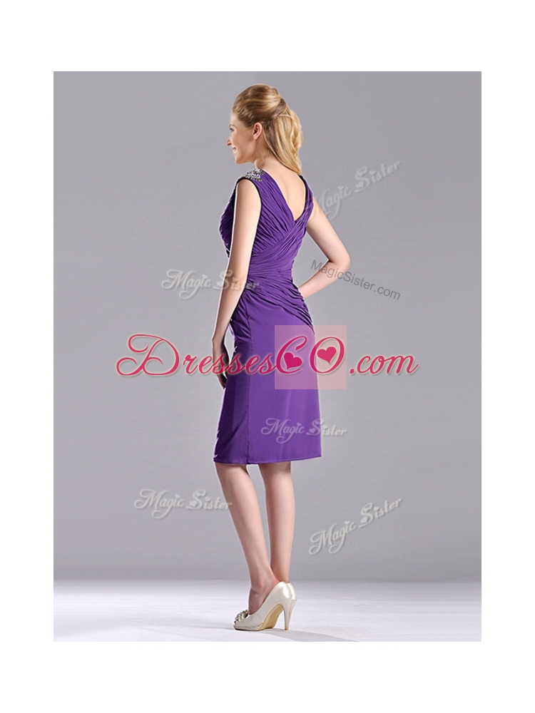 Most Popular Column V Neck Knee-length Short Prom Dress in Purple