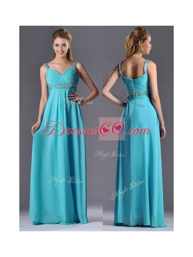 Most Popular  Empire Aqua Blue Long Prom Dress with Beading and Ruching