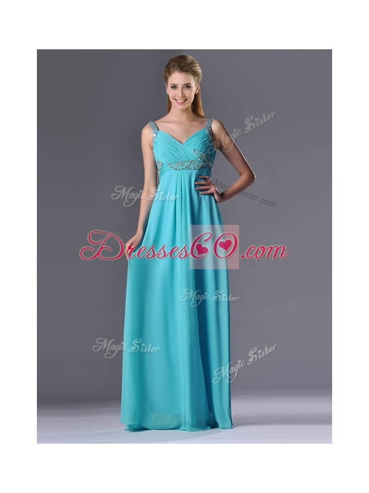Most Popular  Empire Aqua Blue Long Prom Dress with Beading and Ruching