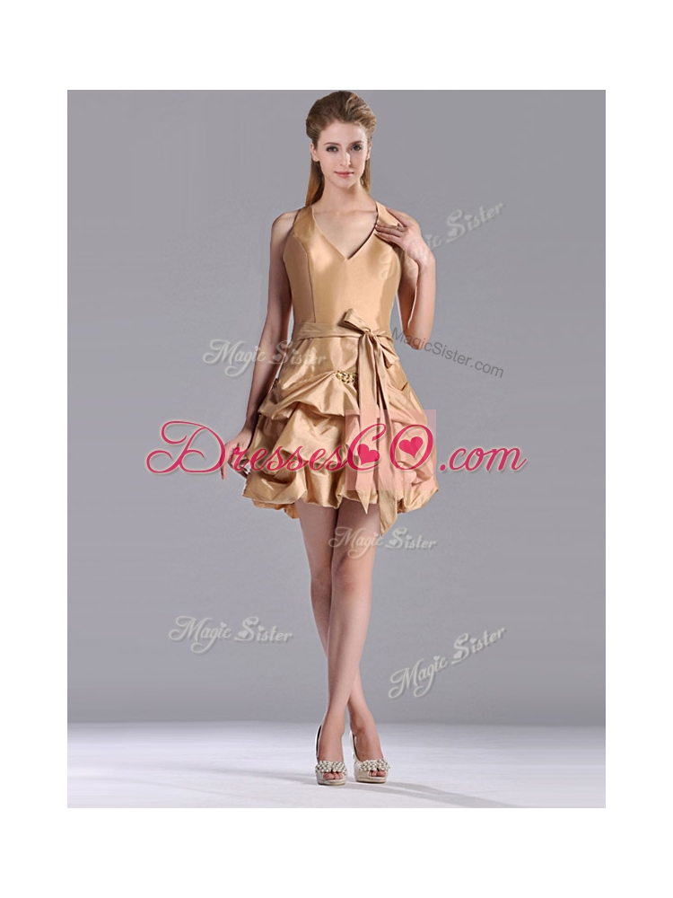 Most Popular Halter Top Champagne Prom Dress with Bubbles and Bowknot