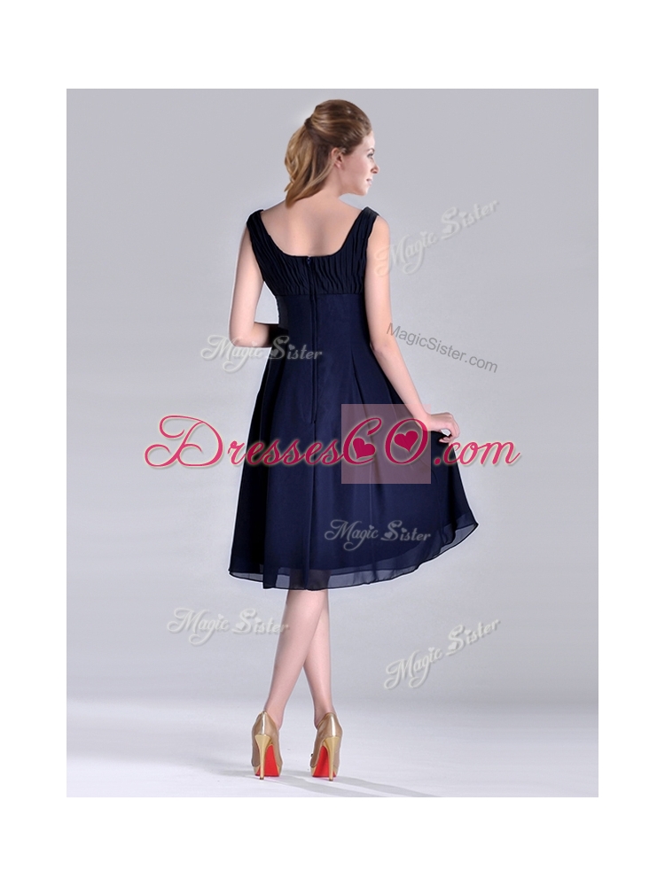Most Popular  Square Empire Chiffon Navy Blue Prom Dress with Ruching