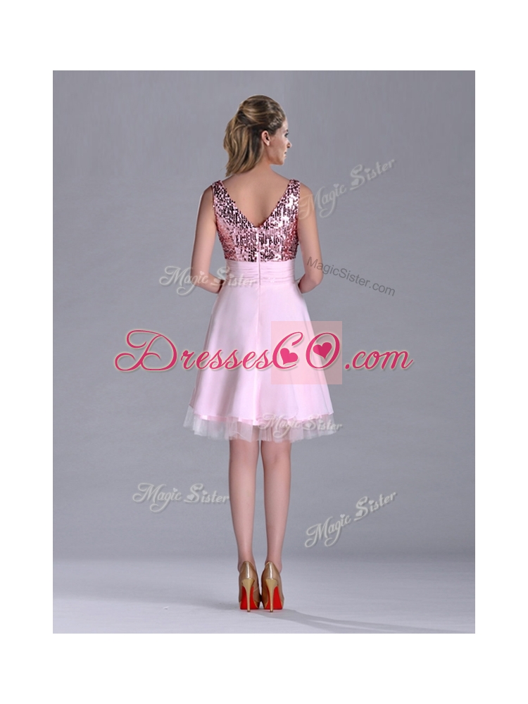 Most Popular V Neck Sequined Decorated Bodice Prom Dress in Baby Pink
