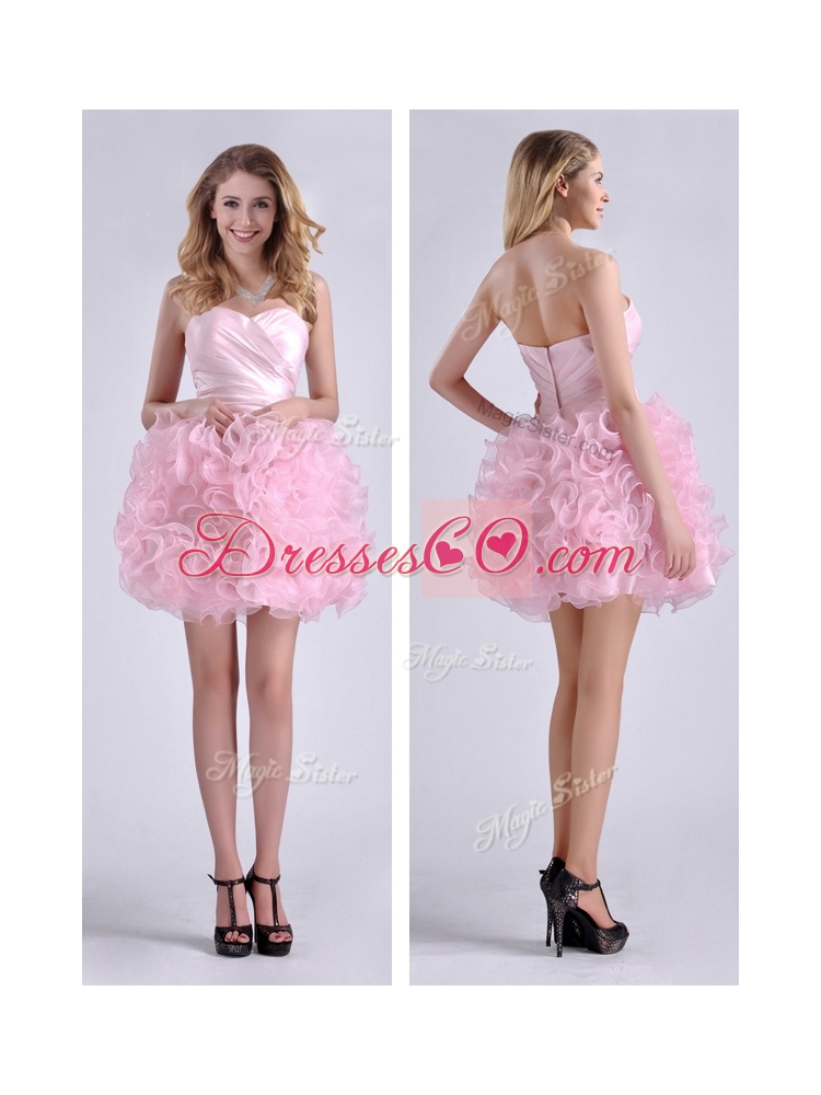 New Style  Ball Gown Ruched Baby Pink Short Prom Dress in Rolling Flowers
