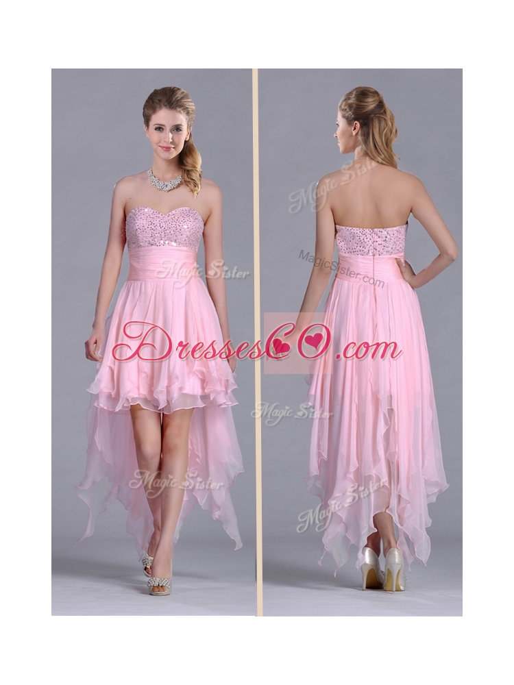 New Style Beaded Bust High Low Chiffon Prom Dress in Baby Pink