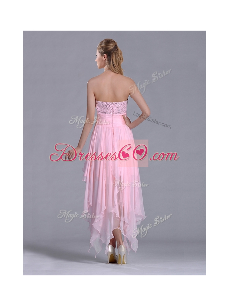 New Style Beaded Bust High Low Chiffon Prom Dress in Baby Pink