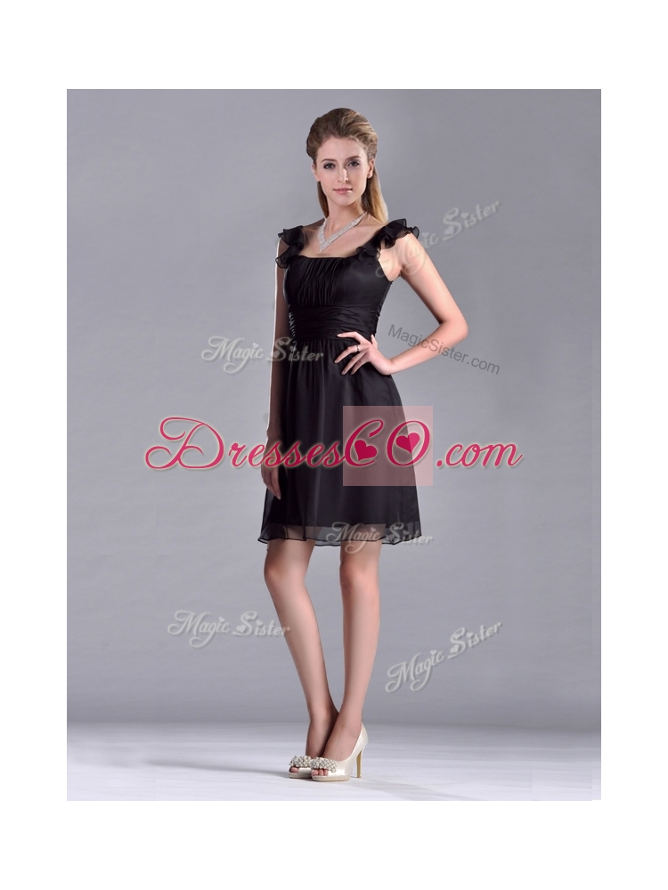 New Style Empire Square Chiffon Black Prom Dress with Cap Sleeves