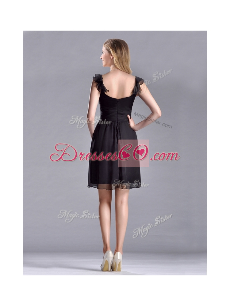 New Style Empire Square Chiffon Black Prom Dress with Cap Sleeves