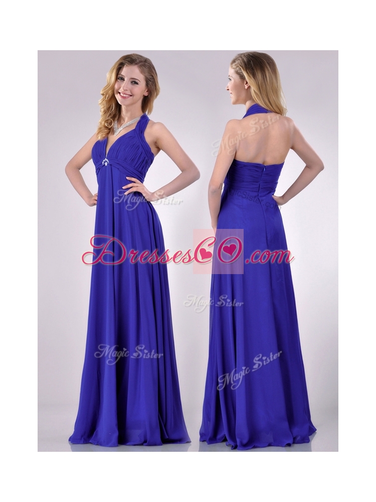New Style Halter Top Zipper Up Long Prom Dress in Blue
