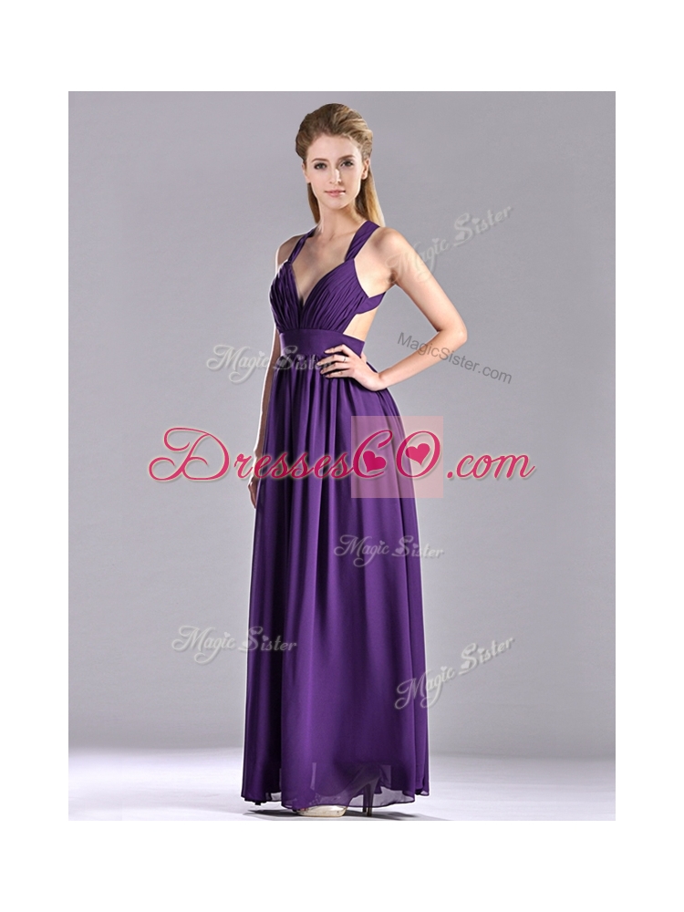 New Style Purple Criss Cross Prom Dress with Ruched Decorated Bust