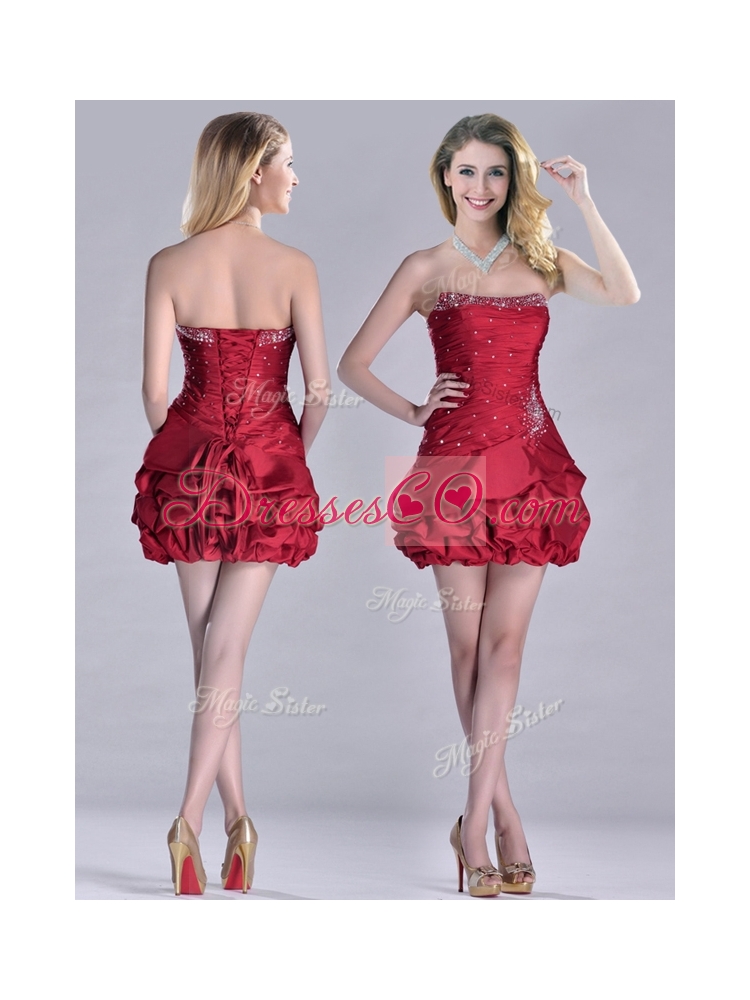 New Style Taffeta Wine Red Short Prom Dress with Beading and Bubbles