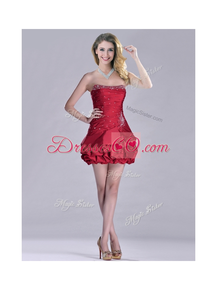 New Style Taffeta Wine Red Short Prom Dress with Beading and Bubbles