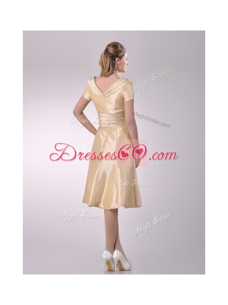 New Style V Neck Champagne Tea Length Prom Dress with Short Sleeves