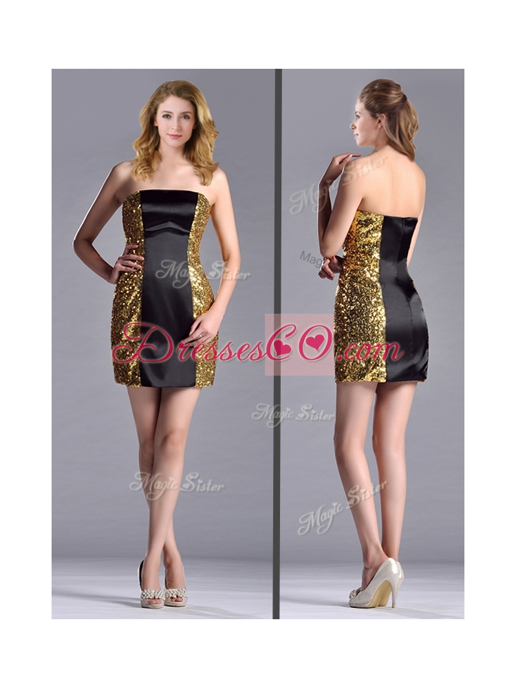 Popular Column Black and Gold Prom Dress in Sequins and Satin