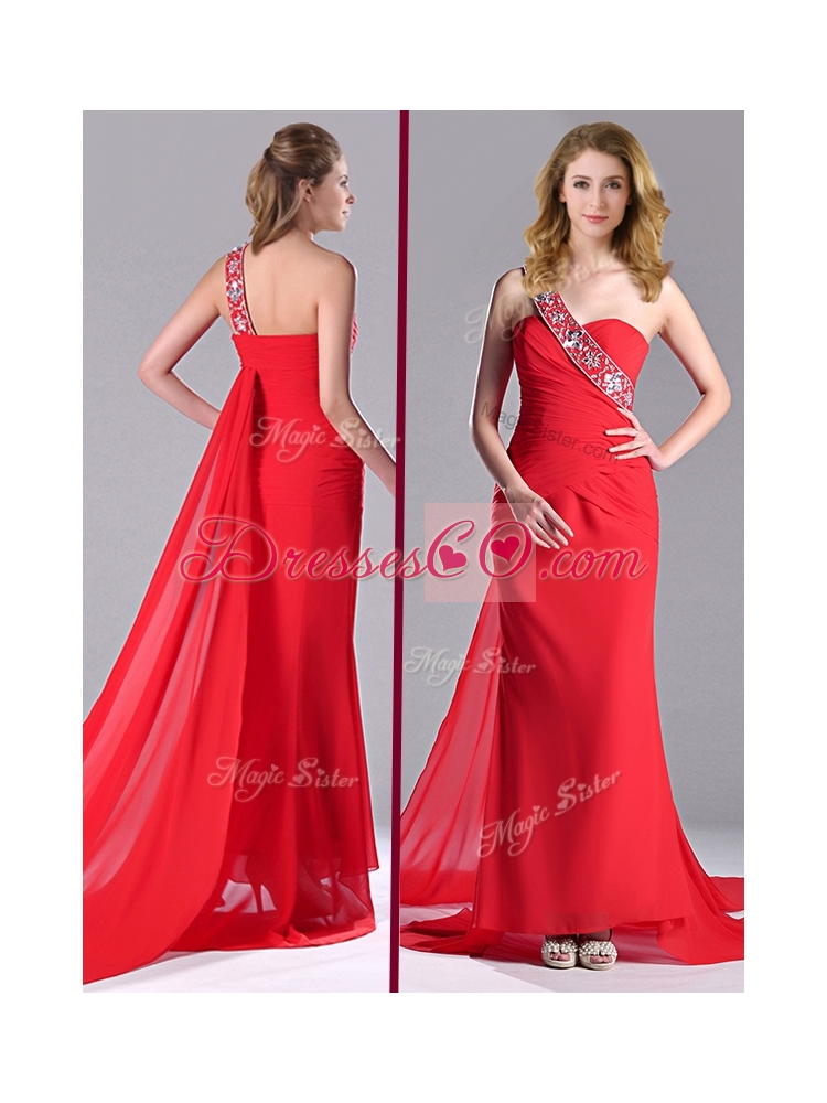 Pretty Column One Shoulder Watteau Train Chiffon Coral Red Prom Dress with Beaded