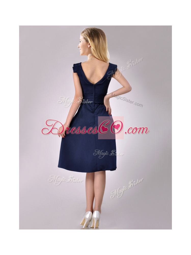 Beautiful V Neck Navy Blue Empire Prom Dress with Cap Sleeves