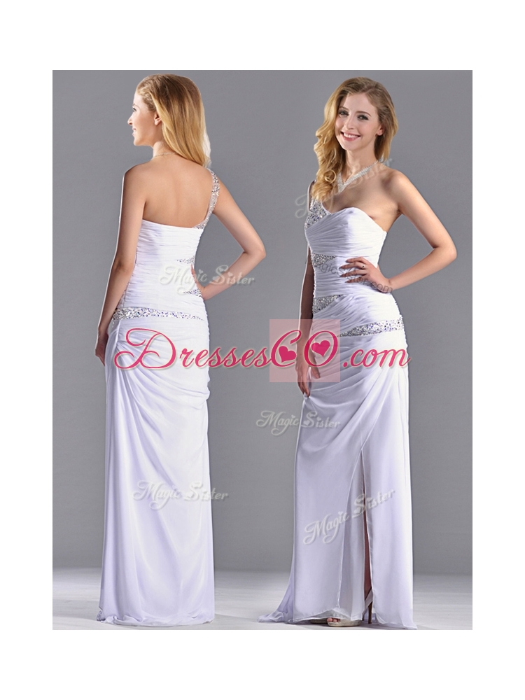 Cheap Beaded and Ruched Decorated Bodice Prom Dress with One Shoulder