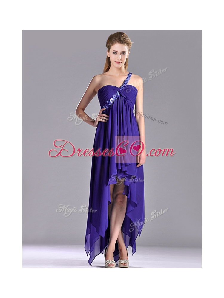 Cheap High Low One Shoulder Criss Cross Prom Dress with Beading