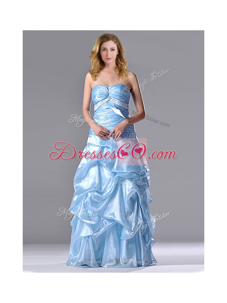 Column Long Light Blue Beaded Ruched Prom Dress in Organza