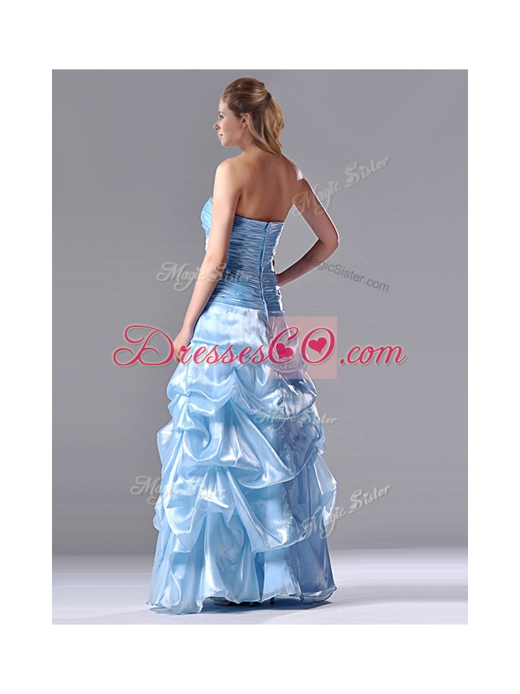 Column Long Light Blue Beaded Ruched Prom Dress in Organza