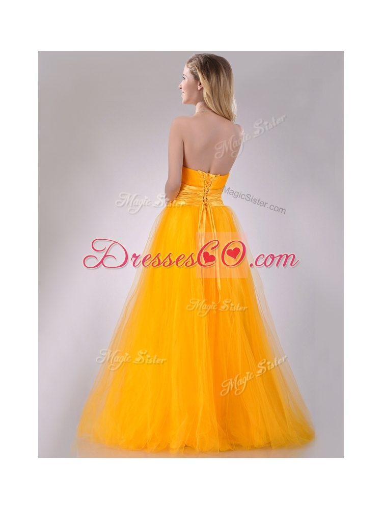 Discount A Line Beaded Tulle Gold Prom Dress with Lace Up