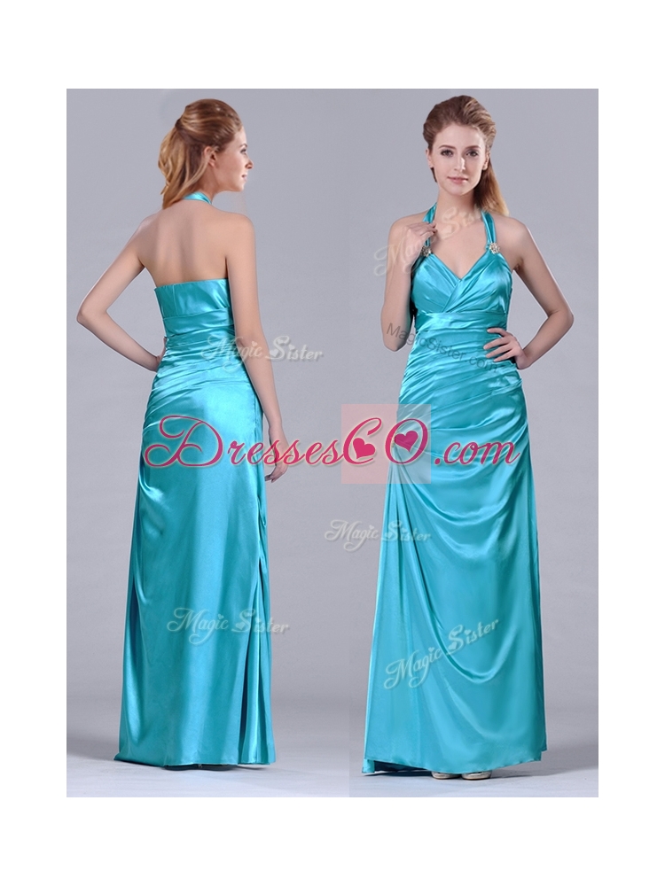 Discount  Column Halter Top Elastic Woven Satin Aqua Blue Color Prom Dress with Ruching