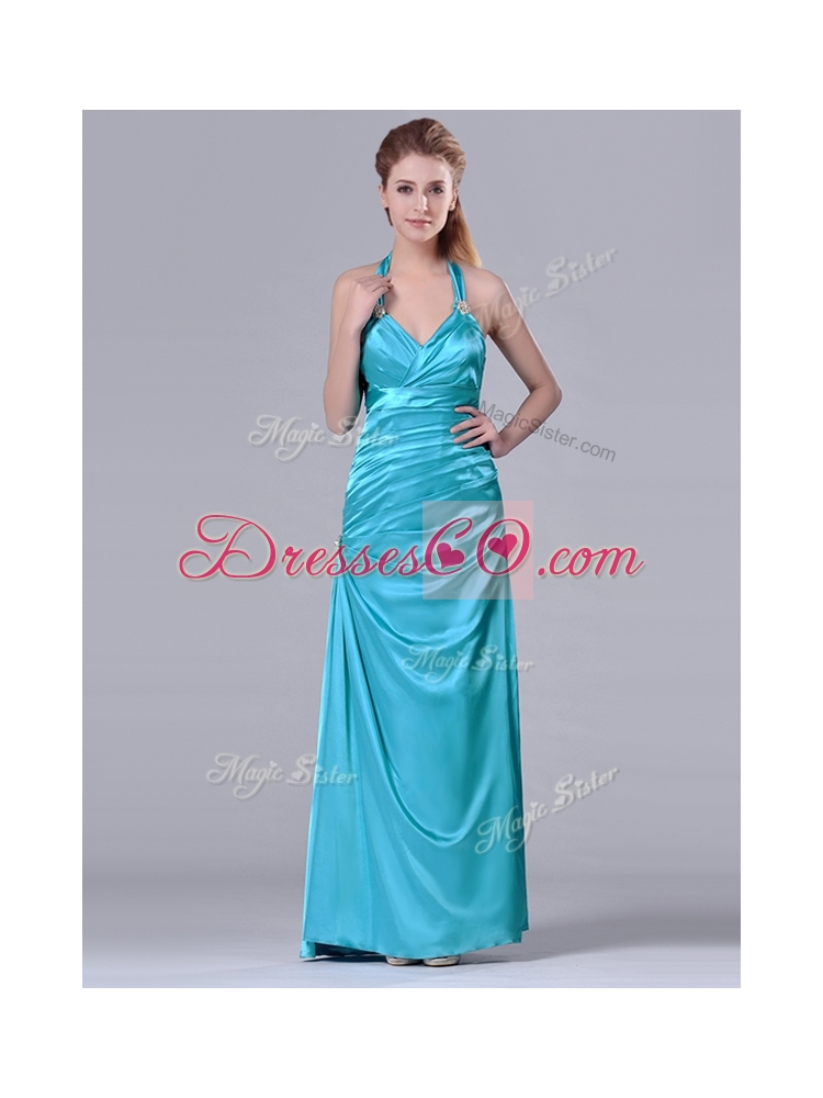 Discount  Column Halter Top Elastic Woven Satin Aqua Blue Color Prom Dress with Ruching