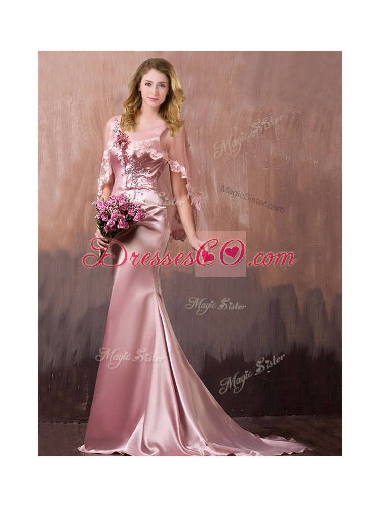 Discount Mermaid V Neck Beaded Prom Dress with Brush Train