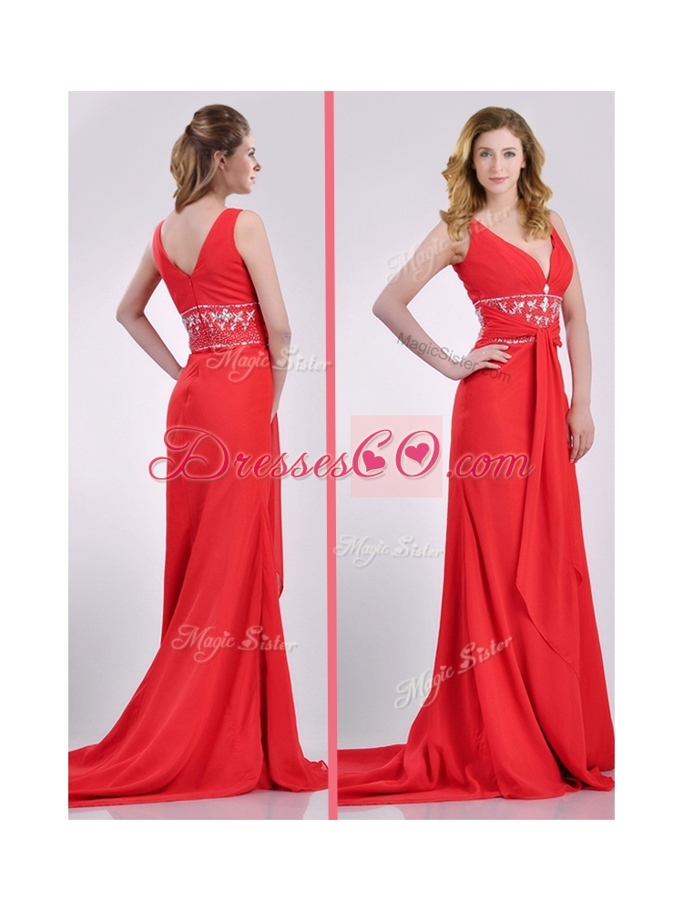 Discount V Neck Brush Train Chiffon Beaded Prom Dress in Coral Red