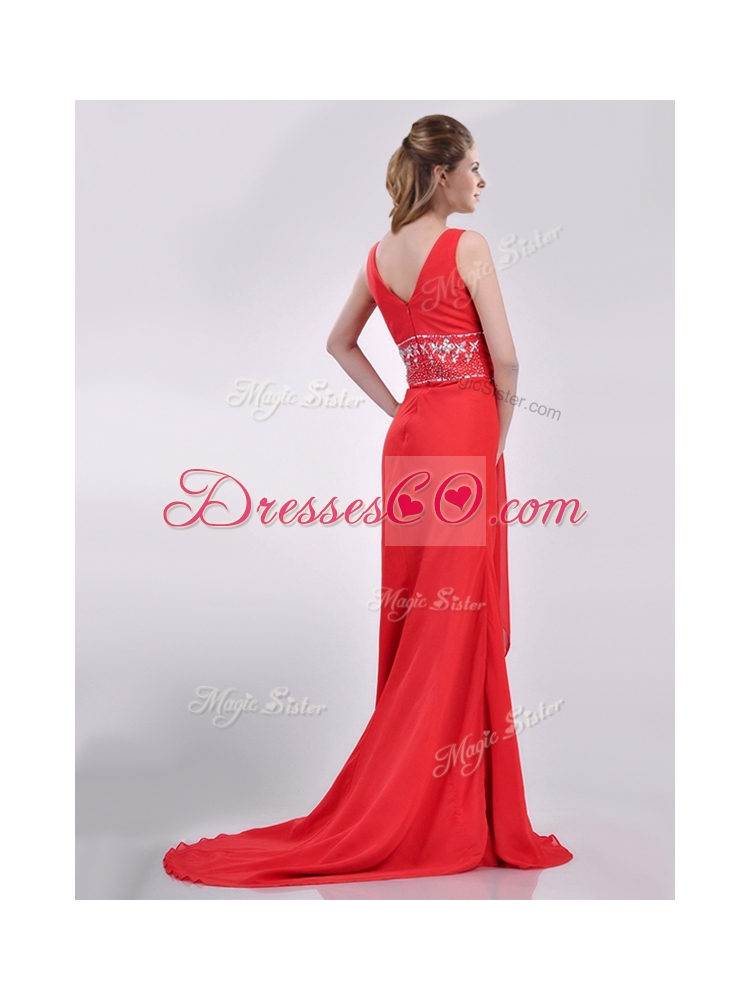 Discount V Neck Brush Train Chiffon Beaded Prom Dress in Coral Red