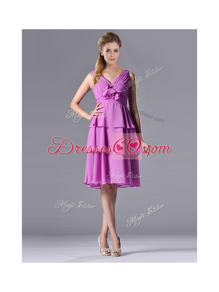 Discount V Neck Lilac Prom Dress with Handcrafted Flower and Ruching