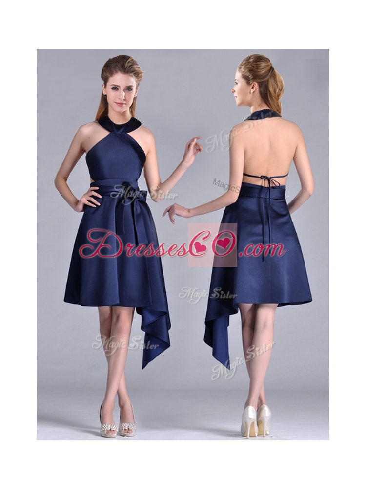 Elegant Halter Top Asymmetrical Navy Blue Prom Dress in Satin