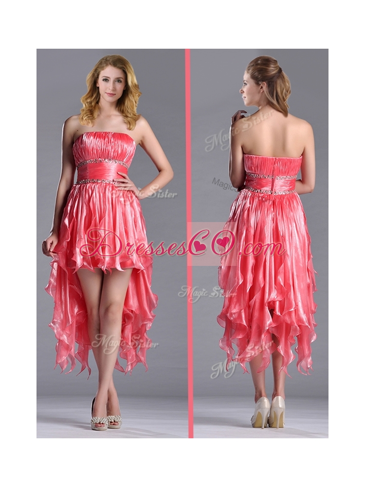 Elegant Strapless High Low Beaded Decorated Waist Prom Dress in Coral Red