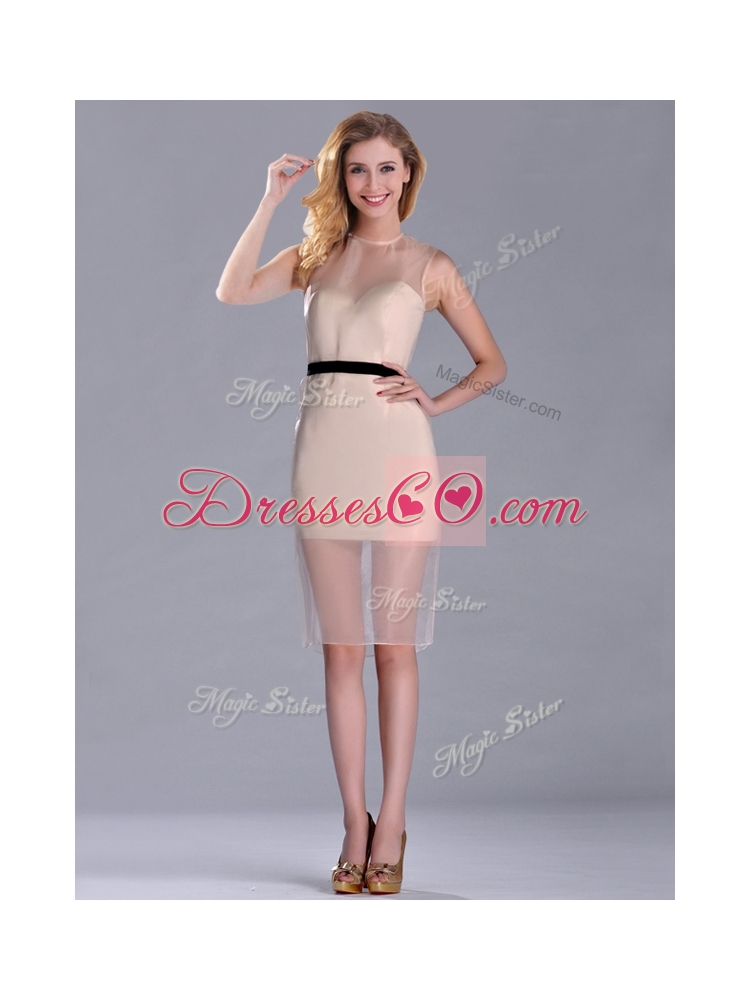 Exclusive High Neck Organza Champagne Prom Dress with Black Belt