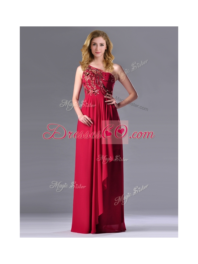Fashionable Empire One Shoulder Sequins Red Prom Dress with Side Zipper