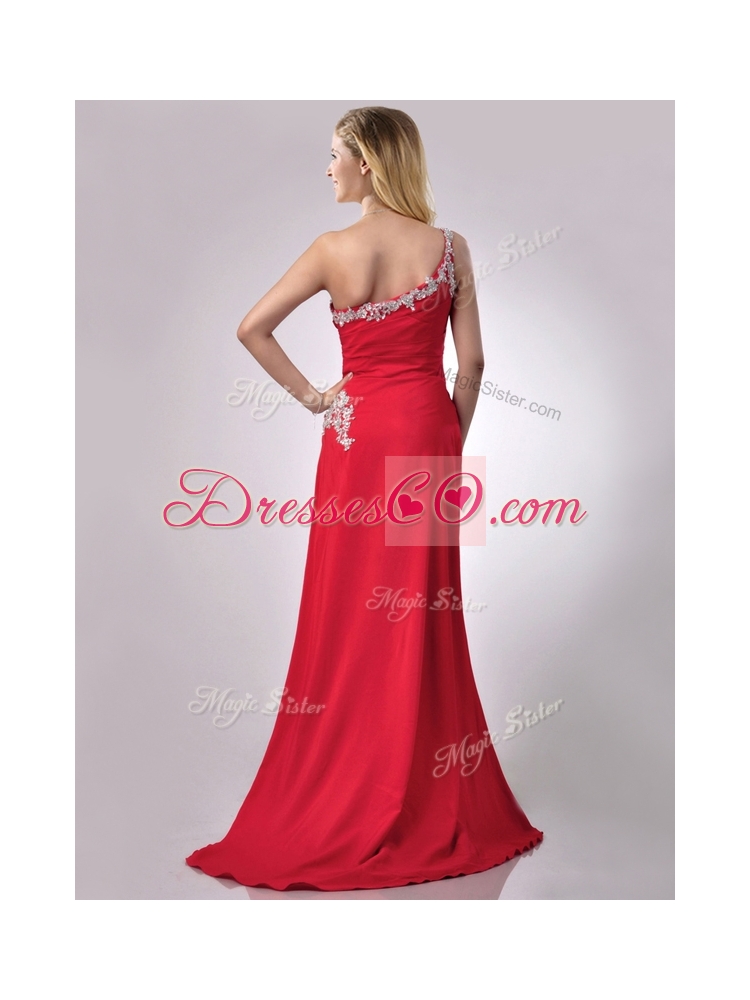 Luxurious Beaded Decorated One Shoulder and High Slit Prom Dress with Brush Train