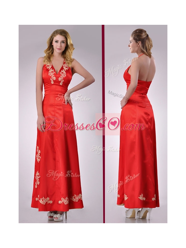Modest Column Halter Top Backless Red Prom Dress with Appliques