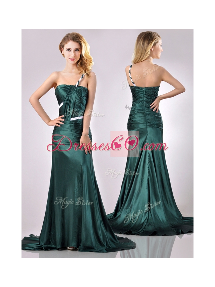 Modest One Shoulder Dark Green Prom Dress in Elastic Woven Satin