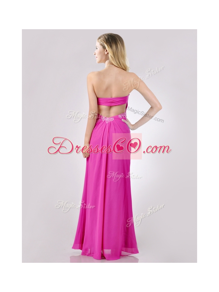 Fashionable Backless Beaded and Ruched Prom Dress in Hot Pink
