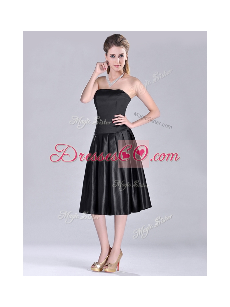 Most Popular Zipper Up Strapless Black Prom Dress in Tea Length