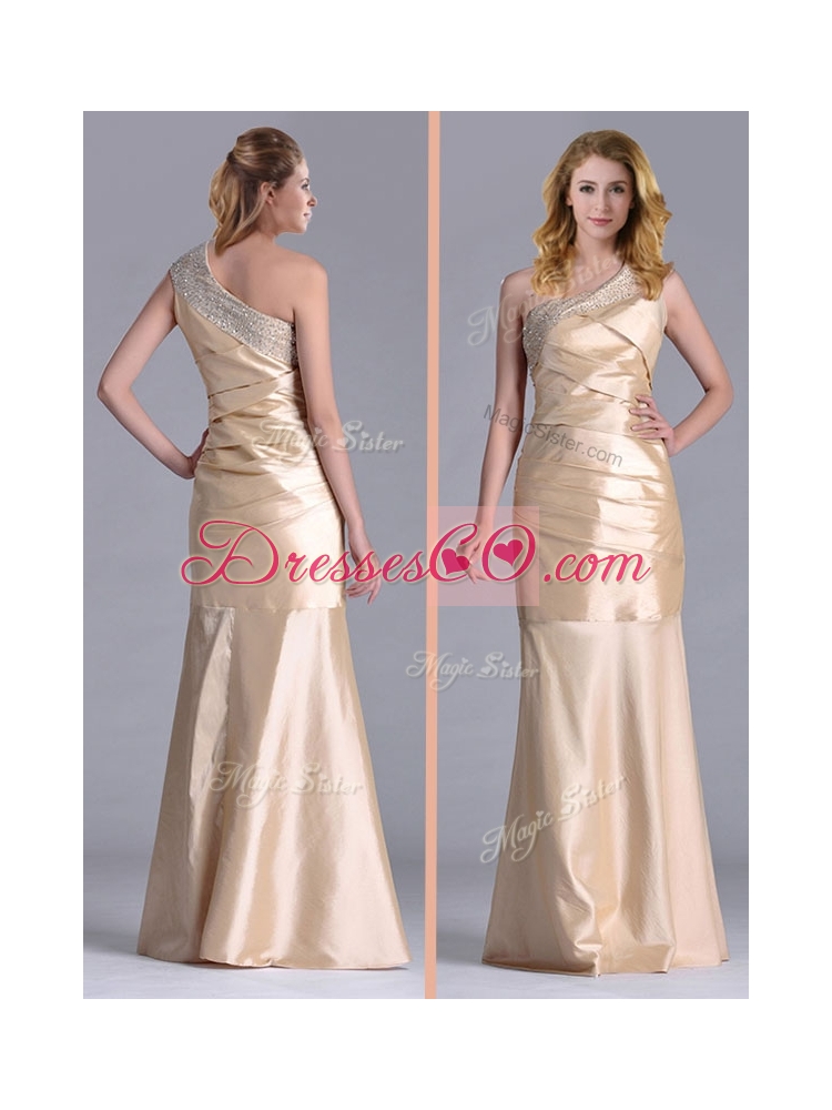 New Column Beaded Decorated One Shoulder Prom Dress in Champagne