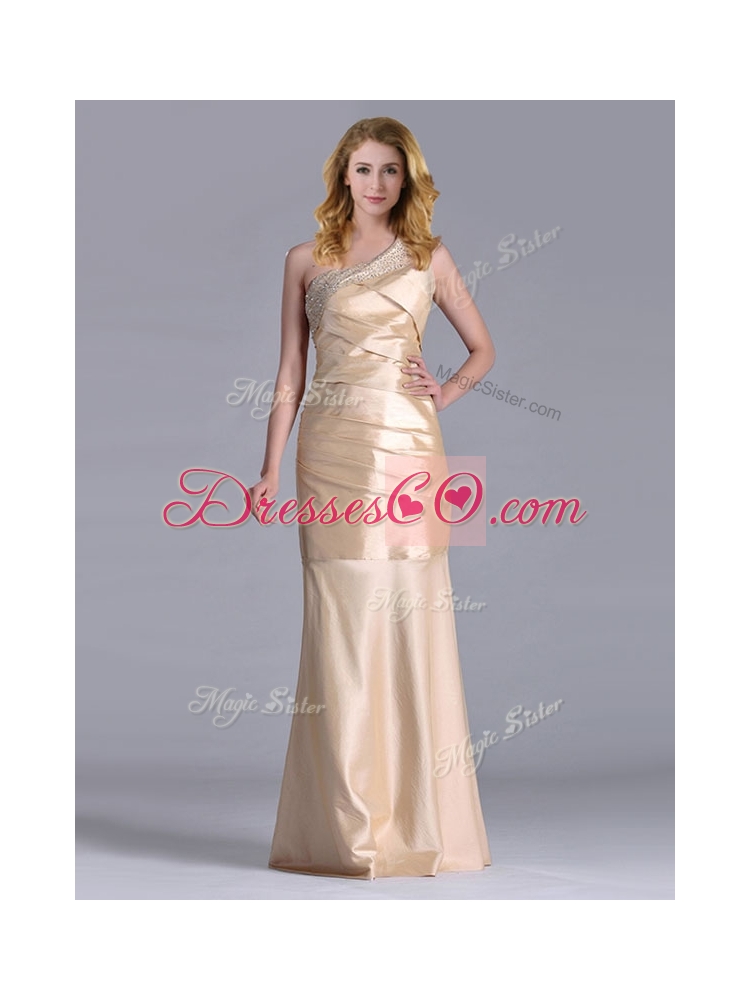 New Column Beaded Decorated One Shoulder Prom Dress in Champagne