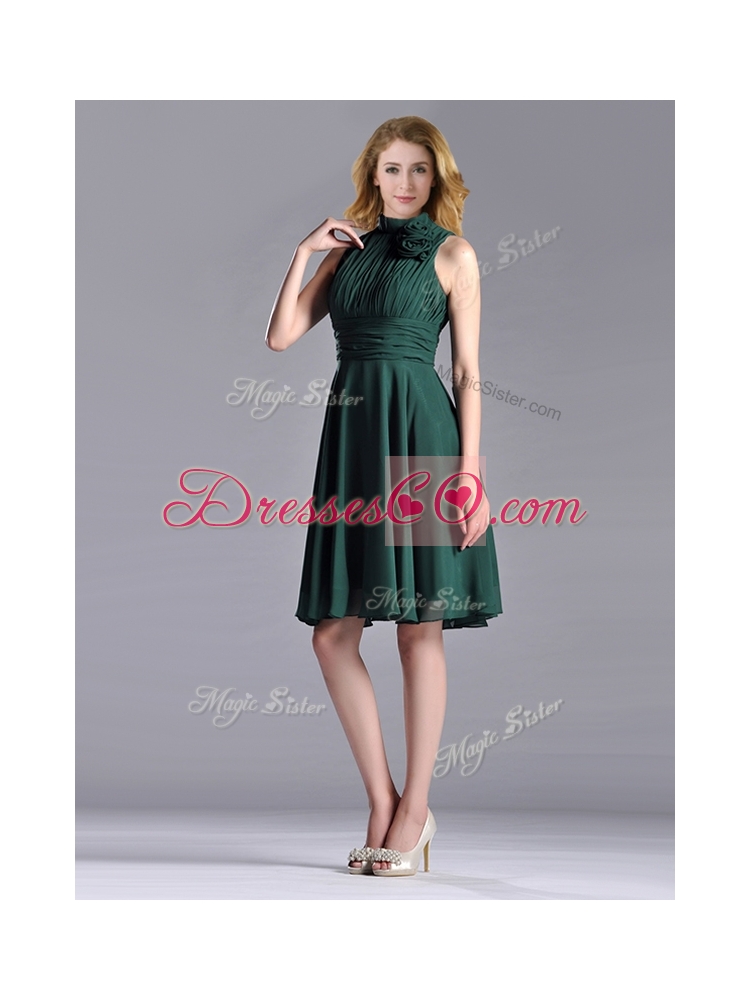 New High Neck Handmade Flower Dark Green Prom Dress with Open Back